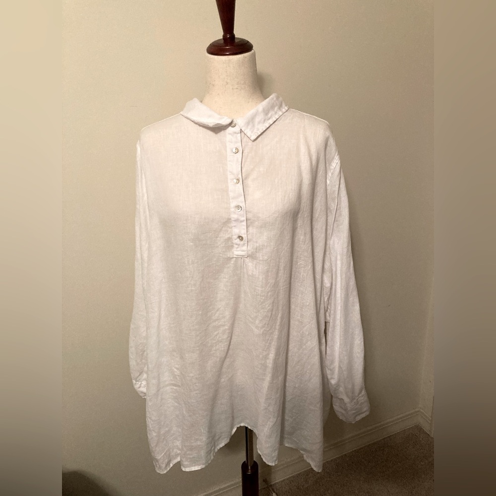 White Button-Up Linen Long Sleeve Tunic Hi Low